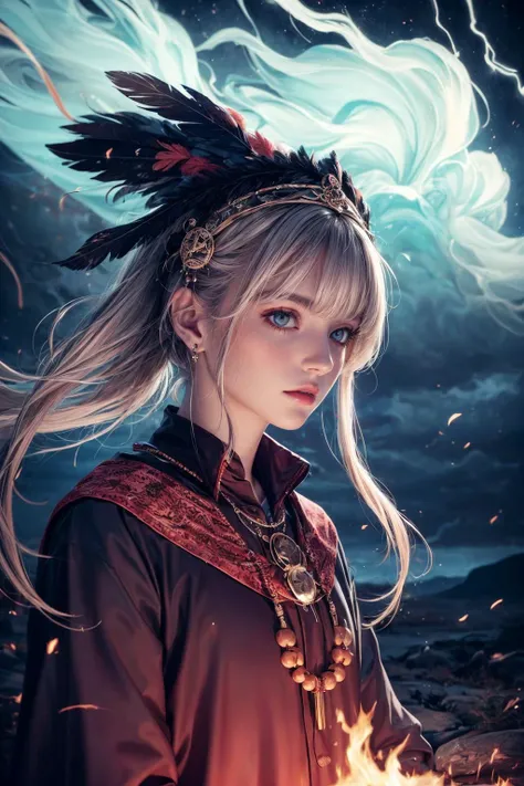 (masterpiece, top quality, best, official art, beautiful and aesthetic, long exposure:1.2),  luminous trails,  fluid movement,  creative experimentation,  <lora:add_detail:1> 
(1man,  old  male:1.2), wise,  ruby eyes, gray hair, spiky hair,
 solo, half shot, detailed background, detailed face, (<lora:smoke_model:0.4>, smokestyle theme:1.1), (glowing eyes:1.05), wise,   witchdoctor shaman, mystical, pink feathered clothes, beads, totem, amulet, obsidian, headdress,  floating particles, feathers, campfire in background,  storm, foreboding atmosphere,