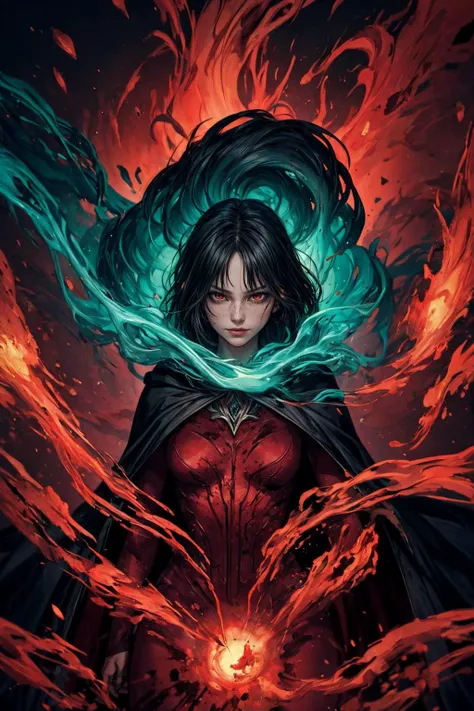 (best quality, masterpiece:1.2), photorealistic, thick outlines, strong shadows, <lora:add_detail:0.75>,
1 girl, adult (elven:0.7) woman, freckles, teal eyes, black layered hair,
(style-swirlmagic:0.9) looking at viewer, solo, half shot, detailed background, (<lora:smoke_model:0.4>, smokestyle theme:1.1), blood red eyes, crimson hair, detailed face, smirk, evil blood witch, crimson blood swirling in the air, casting spell, dynamic pose, red color scheme, red clothes, cape, blood spatters, hemomancy, blood sacrifice, ball of blood, (flowers:0.7), (red thorny roses:0.7) in background, red flames, symmetrical composition, cinematic atmosphere, stream of blood,