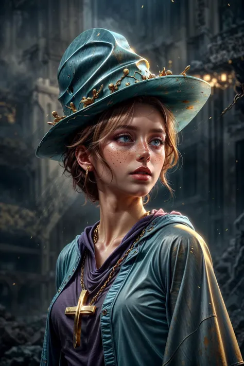 striking visual design, <lora:add_detail:0.75>, <lora:sharpen-soften:-0.2>, <lora:stylesqueeze_v2:0.25>, <lora:realistic:0.25>,
cold colors, cartoon, masterpiece, best quality, intricate details, , DSLR, , ultra-high definition, high contrast, sharp focus, realistic lighting,
1 girl, adult swedish woman, freckles, aquamarine eyes, medium blonde bun hair,
(style-swirlmagic:0.8), focus on character, portrait, looking up, solo, (full body:0.6), detailed background, detailed face, (<lora:smoke_model:0.4>, smokestyle theme:1.1), faithful monk, robes, purple religious tree symbols, mitre, bishop hat, holy scepter of light, preaching, cathedral, mural, floating particles, embroidery, , revelation, , inner glow, ethereal atmosphere, christian orthodox style, celestial choir,
