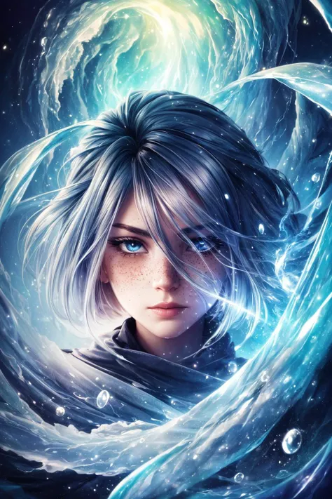 best quality, masterpiece, <lora:add_detail:1>
1 girl, adult swedish woman, freckles, aquamarine eyes, silver short hair,
(style-swirlmagic:0.8), portrait, solo, (full body:0.6), looking at viewer, detailed background, detailed face, (<lora:smoke_model:0.4>, smokestyle theme:1.1), glowing eyes, [fire|water]-wizard, dark blue [water|fire] themed wizard billowing robes   casting [water|fire] spell, controlling fire, blue flames, blue fire, surrounded by  [water|fire]  <lora:waterVFX:0.2>, harmony of fire and water, intertwined elements, flames and waves, floating particles, drops of water,   smoldering waves,   mystical energy,   arcs of powerful elemental magic,    [fire|tempest] in background, mystical atmosphere,
<lora:priconneCharacterFocus3_v1Counterfeit:0.3>,