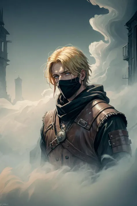 (masterpiece, best quality), photorealistic rendering, stylized digital art, <lora:add_detail_v5:1>
(1man, masculine adult welsh male:1.2), pink eyes, yellow hair, fade,
portrait, looking down, solo, upper body, detailed background, detailed face, (<lora:smoke_model:0.4>, smokestyle theme:1.1), face covered by bandana, outlaw, thieves guild, (studded:0.7) dark leather (armor:0.7), keys, high fantasy medieval setting, dark port pier background, stealth, undercover, suspicious, coins, (barrels in background:0.8), shadows, fog, grunge atmosphere,