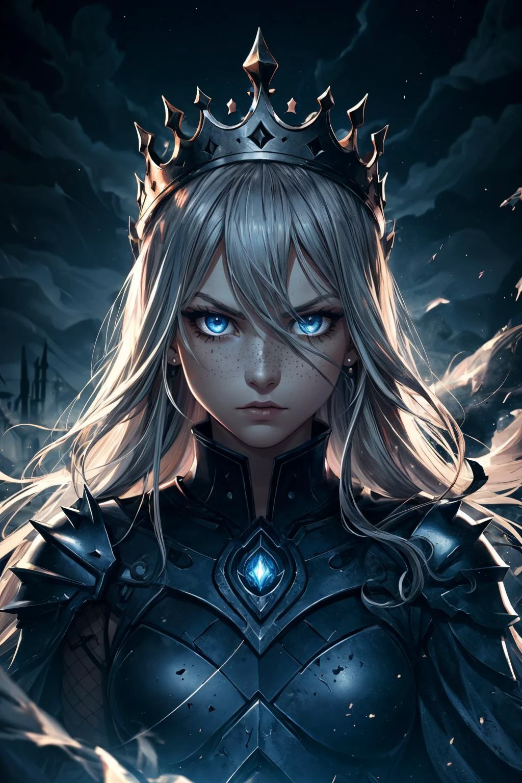 maximum details, cinematic, abstract art, dark theme, stylized, deep shadow, <lora:add_detail:0.5>, <lora:epi_noiseoffset2:0.5>,
1 girl, adult (elven:0.7) woman, freckles, light blue eyes, medium blonde long hair,
portrait, solo, half shot, detailed background, detailed face, (<lora:smoke_model:0.4>, smokestyle theme:1.1), (glowing eyes:1.05), angry expression, dark warrior, betrayer, gray clothes, studded armor, cape, evil royal spiked crown, floating particles, embers, monsters in background, dungeon in background, dark sinister atmosphere, black clouds, dark night,