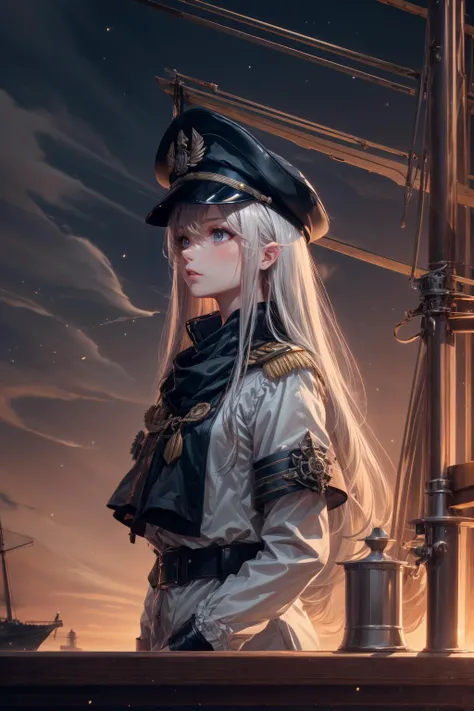 absurdres, highres, (official art, beautiful and aesthetic:1.2),    kaleidoscope, <lora:add_detail:1>, <lora:sharpen-soften:-0.5>, <lora:realistic:0.25>, <lora:stylesqueeze_v1b:1.0>,
1 girl, adult (elven:0.7) woman,  silver eyes, yellow long hair,
 solo, (full body:0.6), looking up, detailed background, detailed face, (<lora:smoke_model:0.4>, smokestyle theme:1.1), admiral, serious, purple  admiral uniform,  admiral's cap,  flag, dynamic movement, on deck of ship, sails,   ship wheel, navigational tools, island on the horizon, dusk,   tense atmosphere,