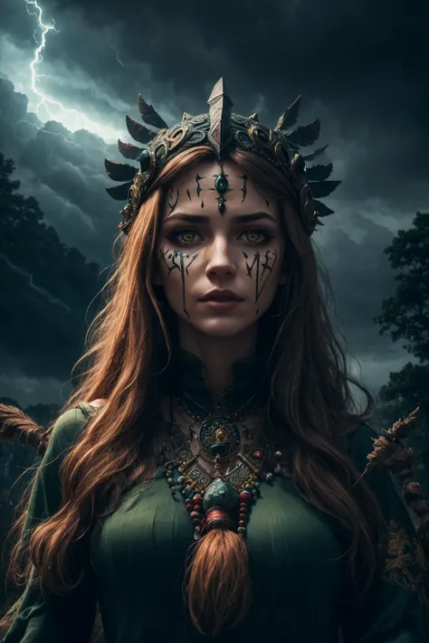 photorealistic, 35mm, intricate details, hdr, intricate details, hyperdetailed, natural skin texture, hyperrealism, sharp,
1 girl, adult (elven:0.7) woman, red eyes, chestnut long hair,
portrait, solo, upper body, detailed background, detailed face, (<lora:smoke_model:0.4>, smokestyle theme:1.1), red facepaint, tribal geomancer shaman, mystical, dark green clothes, amulet, obsidian, headdress, trees in background, storm, foreboding atmosphere,
<hypernet:sxzBloom_sxzBloom:0.2>,