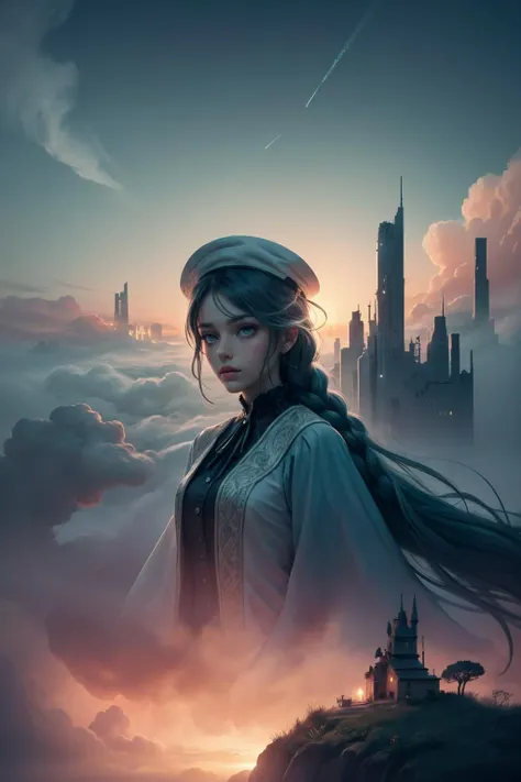 (masterpiece, best quality), stylized digital art, colorful paint style, <lora:add_detail_v5:1>, <lora:anime3d:0.75>, <lora:3DMM_V12:0.25>, 3DMM,
1 girl, adult french woman, aquamarine eyes, gray waterfall braid,
(focus on character:1.1), portrait, solo, upper body, detailed background, detailed face, (<lora:smoke_model:0.4>, smokestyle theme:1.1), aristocratic pose, awestruck, ruling class, elegant clothing, elegant hat, looking over floating (cloud city:1.1), utopian cloudtop sky-city, floating platforms, floating buildings, dome, railing, bridges, propellers, clouds in background, wind blowing, epic atmosphere, glowing green lights,