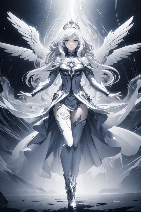 maximum details, cinematic, abstract art, dark theme, <lora:add_detail:0.5>, <lora:epi_noiseoffset2:0.5>,
1 girl, adult woman, grey eyes, platinum blonde wavy hair,
solo, full body, detailed background, detailed face, (<lora:smoke_model:0.4>, smokestyle theme:1.1), glowing eyes, (angel of darkness:1.05), wearing silver themed clothes, , smile, heavenly countenance, dynamic pose, (flying, hovering, levitating:1.1), (descending, looking down,:1.1), tiara, saint-like, , elemental harmony, , spiritual revelation, heavenly landscape in background, rays of heavenly light, soft rain of stardust, epic atmosphere,
nardack, <lora:LoconLoraNardack_v10:0.3>,