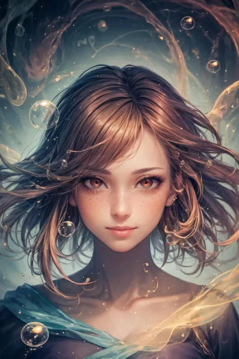 masterpiece, best quality, (realistic), (perfect face), intricate, sharp focus, <lora:add_detail:1>
1 girl, adult french woman, freckles, red eyes, auburn textured hair,
(style-swirlmagic:0.8), portrait, solo, half shot, looking up, detailed background, detailed face, (<lora:smoke_model:0.4>, smokestyle theme:1.1), bubble-wizard, smiling,  colorful mage robes, surrounded by magical orange bubbles, rainbow, floating orbs, large bubbles, wisps of magic,  floating  particles,   glowing bubbles,  shimmering, ethereal aura, bubbles in background, twinkle,  wind,  magical atmosphere,
