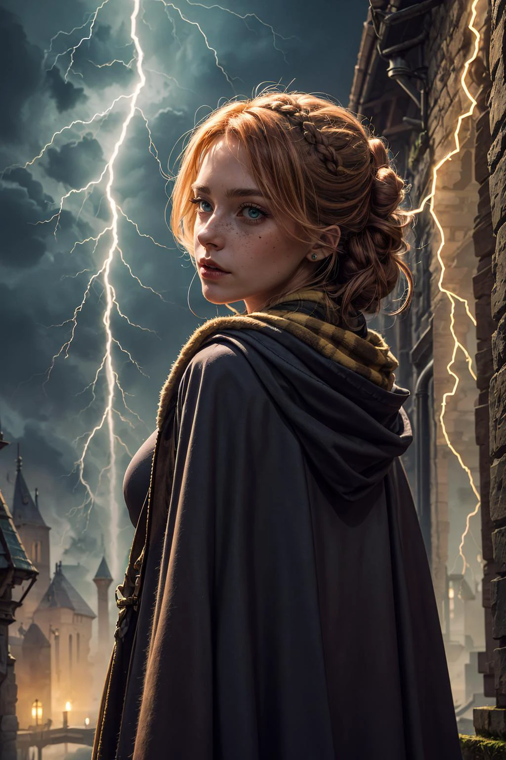 (masterpiece), (best quality:1.2), absurdres, intricate details, (highly detailed:1.2), <lora:add_detail_v5:1>
1 girl, adult (elven:0.7) woman, freckles, ruby eyes, auburn updo hairstyle,
looking at viewer, solo, (full body:0.6), detailed background, detailed face, (<lora:smoke_model:0.4>, smokestyle theme:1.1), hogwarts student, playful, (hufflepuff :1.1), scarf, shirt, cloak, casting spell, surrounded by lightning, <lora:LightingVFX:0.4>, hogwarts castle in background, backlighting,
<lora:zaunT_zaunV1:0.3>,