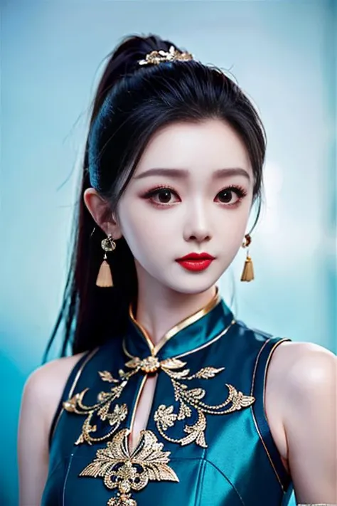 (RAW photo, photography, masterpiece, best quality, highres, original, extremely detailed),8K, wallpaper,(photo-realistic:1.3), HDR, highres,Depth field, <lora:SongYi_V10:0.9>,1girl, aqua eyes, black hair, closed mouth,(chinese clothes:1.4),(uppon body:1.4), (upper body:1.4), multicolored background, looking at viewer, outdoors, solo, large breasts,alluring, clean, beautiful face, pure face, pale skin, sexy pose, ponytail, mature female, narrow waist, chinese deity, seductive, beautifully detailed eyes, cinematic lighting, earrings, jewelry