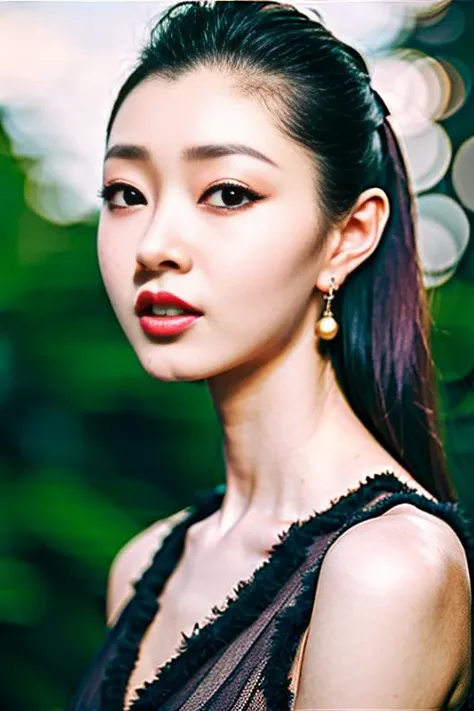 (RAW photo, photography, masterpiece, best quality, highres, original, extremely detailed),8K, wallpaper,(photo-realistic:1.3), HDR, highres,Depth field, <lora:SongYi_V10:0.9>,1girl, aqua eyes, black hair, closed mouth,(upper body:1.2), multicolored background, looking at viewer, outdoors, solo, large breasts,(chinese clothes,uppon body:1.2), alluring, clean, beautiful face, pure face, pale skin, sexy pose, ponytail, mature female, narrow waist, chinese deity, seductive, beautifully detailed eyes, cinematic lighting, earrings, jewelry