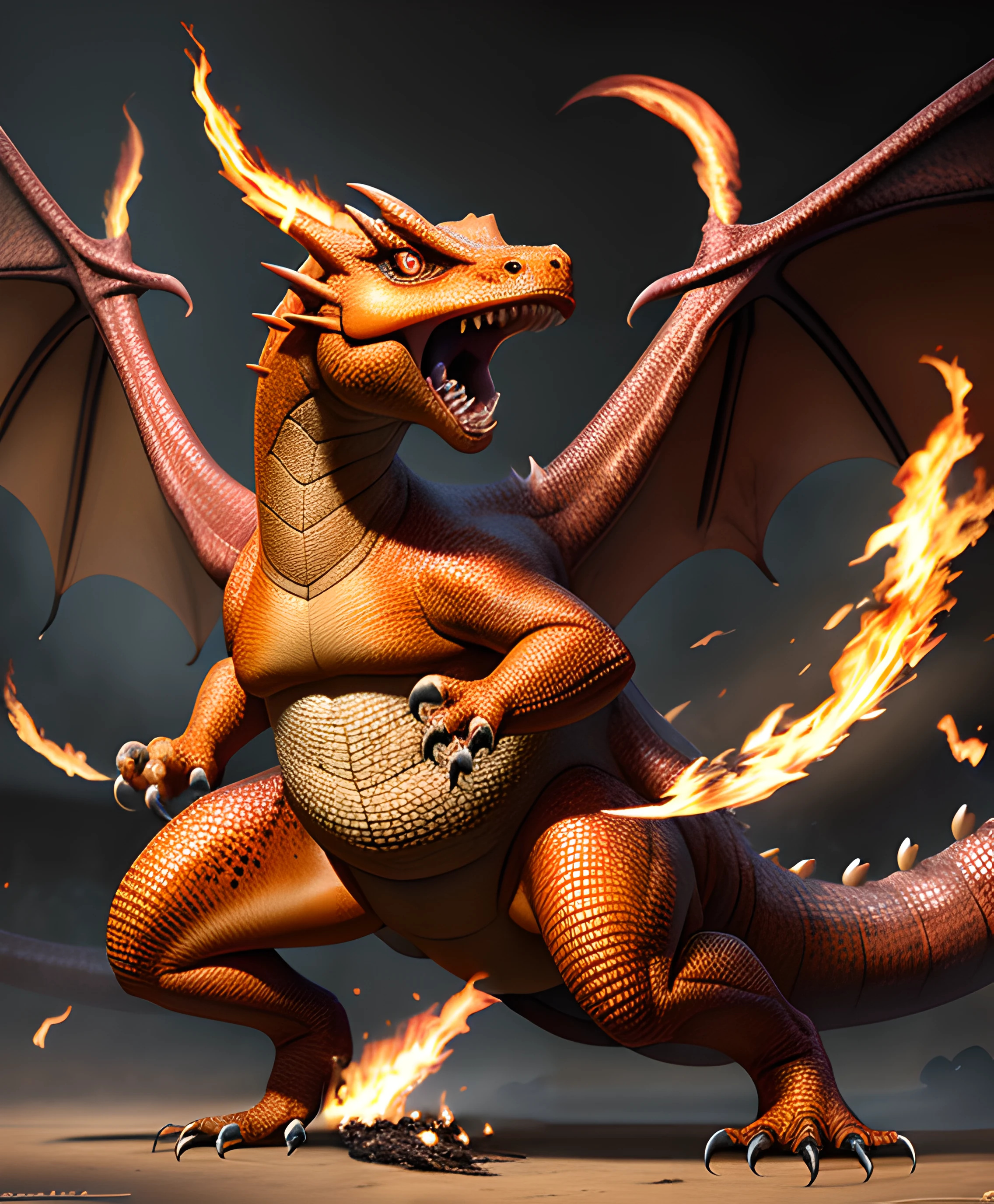 fire, charizard, pokemon, orange skin, breathing fire, large wings, Dragon, reptile, realistic, scales, claws, open mouth, glowing eyes, realistic hd <lora:silavra:0.6> artstyle, (extremely detailed CG unity 8k wallpaper), full shot body photo of the most beautiful artwork in the world, medieval armor, professional majestic oil painting, trending on ArtStation, trending on CGSociety, Intricate, High Detail, Sharp focus, dramatic, photorealistic painting art,