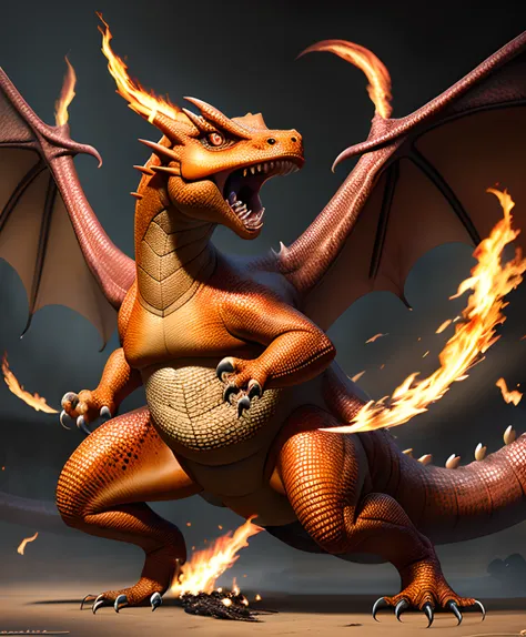 fire, charizard, pokemon, orange skin, breathing fire, large wings, Dragon, reptile, realistic, scales, claws, open mouth, glowing eyes, realistic hd  <lora:silavra:0.6>  artstyle, (extremely detailed CG unity 8k wallpaper), full shot body photo of the most beautiful artwork in the world, medieval armor, professional majestic oil painting, trending on ArtStation, trending on CGSociety, Intricate, High Detail, Sharp focus, dramatic, photorealistic painting art,