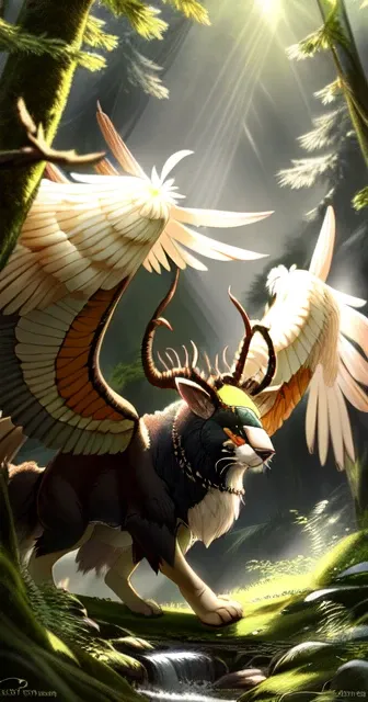 furry creature, long ears, horns, feathered wings, Pokmon, orange fur, realistic, fluffy, paws, green eyes, realistic hd <lora:silavraCreaturesStyle_v10:1> artstyle, (extremely detailed CG unity 8k wallpaper), full shot body photo of the most beautiful artwork in the world, medieval armor, professional majestic oil painting, trending on ArtStation, trending on CGSociety, Intricate, High Detail, Sharp focus, dramatic, photorealistic painting art, forest, sunrays, analog