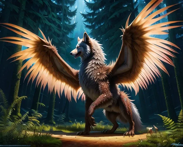 wolf face, monster, fur, mane, wolf dragon, canine, ((silavra art style)), feathered wings on its back, forest background, 3d render ultra detailed of a beautiful animal, ethereal, light rays, particles, beautiful studio soft light, rim light, vibrant detail painting, <lora:silavrav2:0.6>