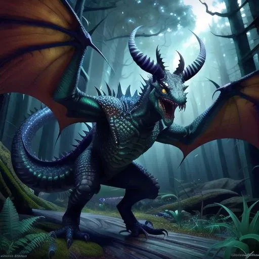 monster, horns, ((silavra art style)), teeth reptile, dragon halfbody, wings, forest background, 3d render ultra detailed of a beautiful reptile, intimidating, scary, grey black body, beautiful scales, 150 mm, beautiful studio soft light, rim light, vibrant detail painting, <lora:silavrav2:0.6>