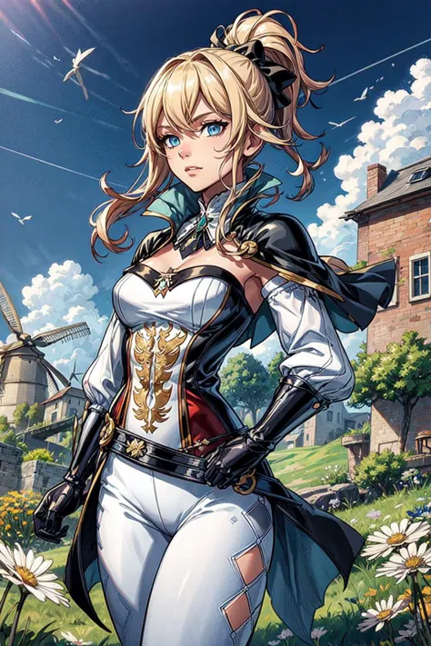 thick outlines, comics, photorealistic, perfect hands, masterpiece:1.2, colorful, 1girl, solo, wind, magic, small breast, <lora:jean1:0.8>, jeanfavonian, castle, windmill, dandelions, detailed face, detailed eyes, <lora:add_detail:0.7>
