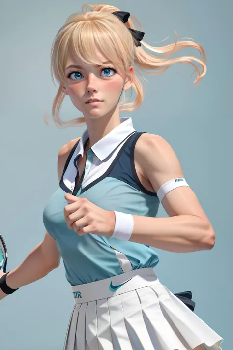 masterpiece, best quality, highres, 1girl,<lora:jean:1> , wearing Nike tenis outfit, <lora:Shinyskin-000018:0.5> , teal shirt, white pleated skirt , blonde hair <lora:hairdetailer:0.7>, sweating, blue eyes, 25yo, ponytail , black ribbon, shirt collar, wristbands , tennis racket, breasts, 3DMM <lora:3DMM_V12:0.7>