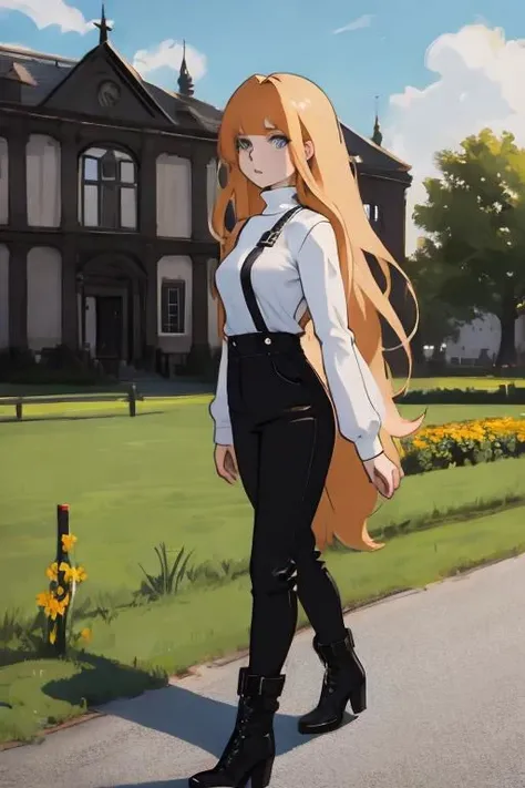 short black overall, white turtleneck, black kneehigh high heeled boots, strawberry blonde, straight long hair, 1girl, solo, walking at market place, from side, sunny day, masterpiece, high quality face, high quality girl,