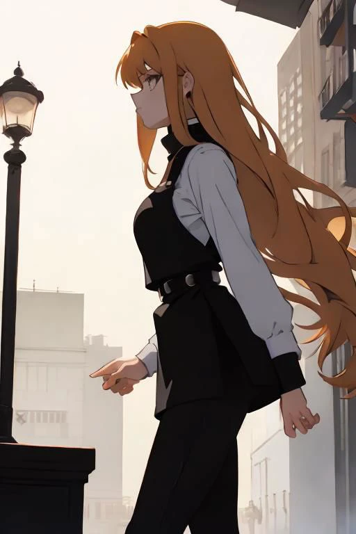 short black overall, white turtleneck, black kneehigh high heeled boots, strawberry blonde, straight long hair, 1girl, solo, walking at market place, from side, sunny day, masterpiece, high quality face, high quality girl,