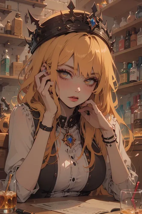 1girl,blushed face,yellow eyes,light red hair, long hair, close up photo of CoraKeegan,medium breast,detailed eyes,beautiful eyes,((looking to viewer)),detailed background, ultra hight res, he is sitting in an alchemy shop, with a magic black hat on his head, a mysterious pose, a hand on his face, pupils with a heart, (upper body:1.2), (there are 4 alchemical flasks with a multi-colored liquid on the table:1.2),
