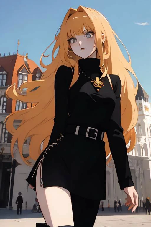 short black overall, white turtleneck, black kneehigh high heeled boots, strawberry blonde, straight long hair, 1girl, solo, walking at market place, from side, sunny day, masterpiece, high quality face, high quality girl,