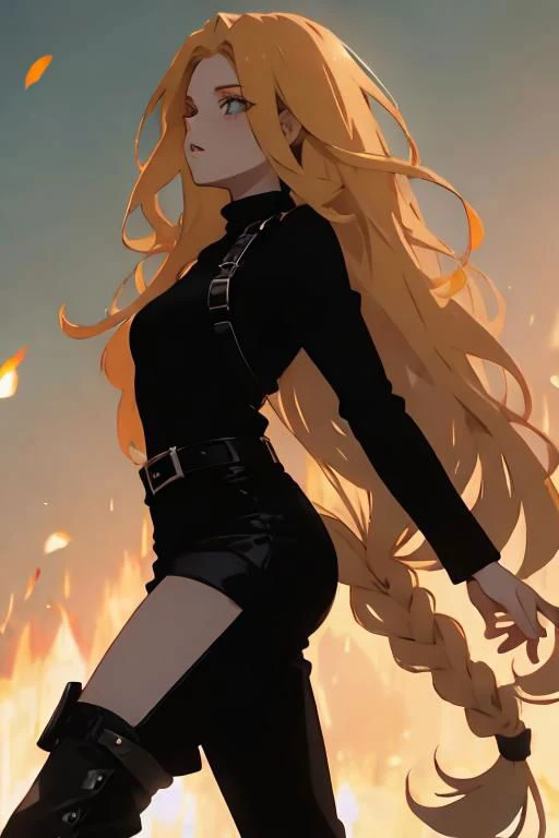short black overall, white turtleneck, black kneehigh high heeled boots, strawberry blonde, straight long hair, 1girl, solo, walking at market place, from side, sunny day, masterpiece, high quality face, high quality girl,