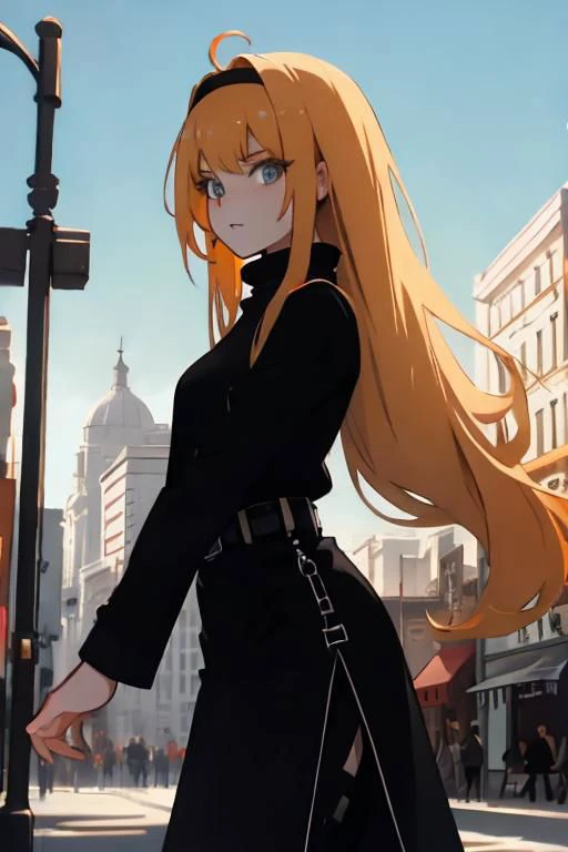 short black overall, white turtleneck, black kneehigh high heeled boots, strawberry blonde, straight long hair, 1girl, solo, walking at market place, from side, sunny day, masterpiece, high quality face, high quality girl,
