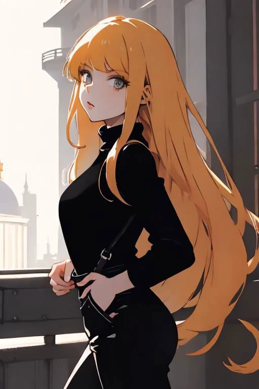 short black overall, white turtleneck, black kneehigh high heeled boots, strawberry blonde, straight long hair, 1girl, solo, walking at market place, from side, sunny day, masterpiece, high quality face, high quality girl,