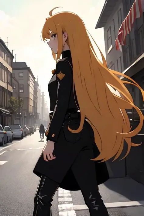 short black overall, white turtleneck, black kneehigh high heeled boots, strawberry blonde, straight long hair, 1girl, solo, walking at market place, from side, sunny day, masterpiece, high quality face, high quality girl,