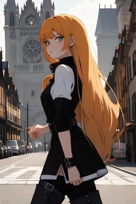 short black overall, white turtleneck, black kneehigh high heeled boots, strawberry blonde, straight long hair, 1girl, solo, walking at market place, from side, sunny day, masterpiece, high quality face, high quality girl,