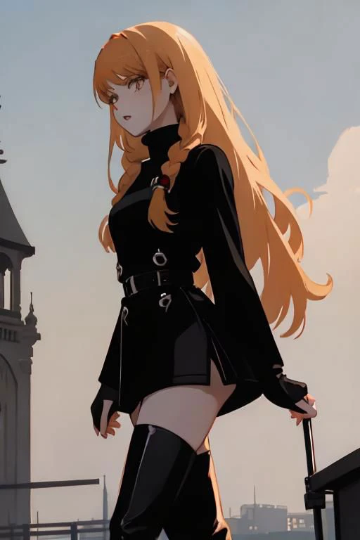 short black overall, white turtleneck, black kneehigh high heeled boots, strawberry blonde, straight long hair, 1girl, solo, walking at market place, from side, sunny day, masterpiece, high quality face, high quality girl,