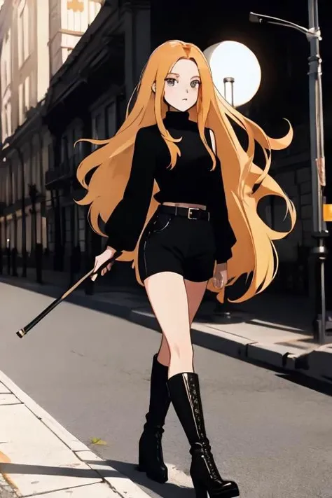 short black overall, white turtleneck, black kneehigh high heeled boots, strawberry blonde, straight long hair, 1girl, solo, walking at market place, from side, sunny day, masterpiece, high quality face, high quality girl,