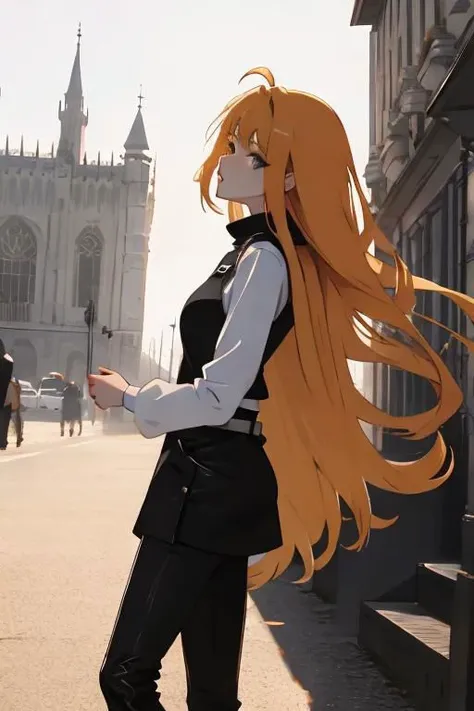 short black overall, white turtleneck, black kneehigh high heeled boots, strawberry blonde, straight long hair, 1girl, solo, walking at market place, from side, sunny day, masterpiece, high quality face, high quality girl,