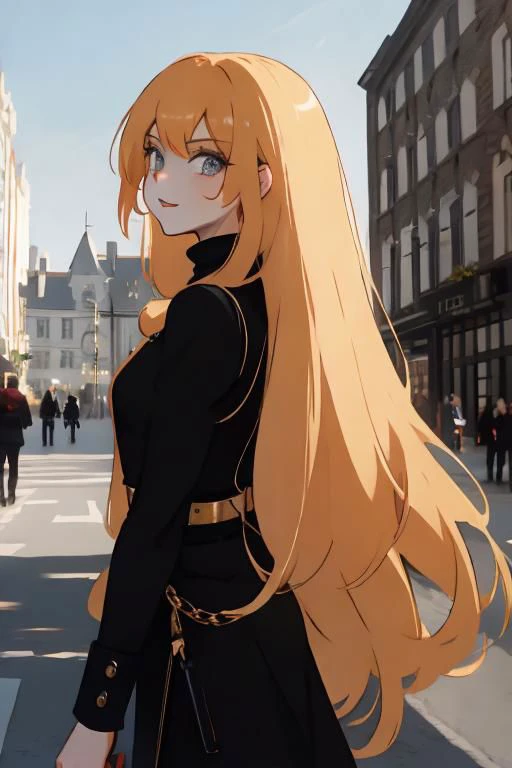 short black overall, white turtleneck, black kneehigh high heeled boots, strawberry blonde, straight long hair, 1girl, solo, walking at market place, from side, sunny day, masterpiece, high quality face, high quality girl,