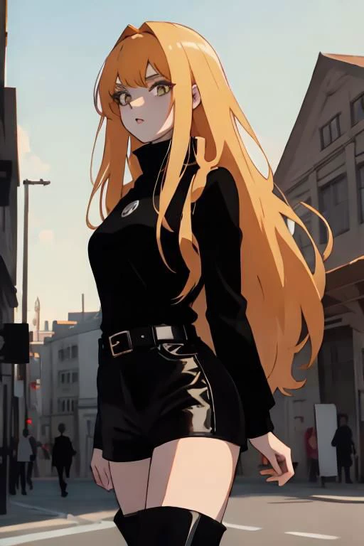 short black overall, white turtleneck, black kneehigh high heeled boots, strawberry blonde, straight long hair, 1girl, solo, walking at market place, from side, sunny day, masterpiece, high quality face, high quality girl,