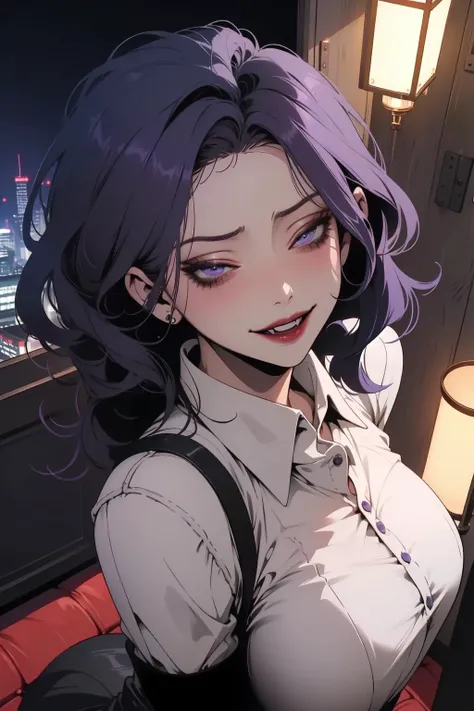 1girl, <lora:MiJung_BNW:0.6> MiJungdef, purple eyes, purple hair, medium hair, half-closed eyes, seductive smile, looking up, looking at viewer, office lady, night time, lamp light, from above, detailed background