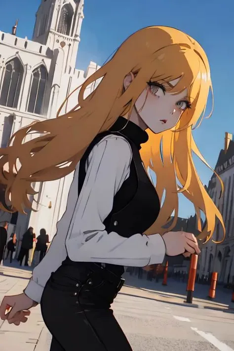 short black overall, white turtleneck, black kneehigh high heeled boots, strawberry blonde, straight long hair, 1girl, solo, walking at market place, from side, sunny day, masterpiece, high quality face, high quality girl,