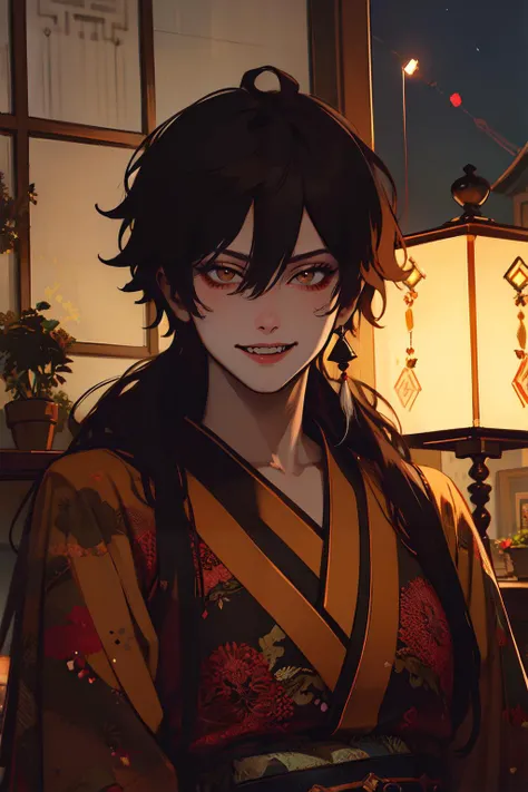 detailed,(masterpiece, best quality:1.1),portrait,1boys,Zhongli \(genshin impact\),smile,yellow eyes,((long hair, multicolored hair, gradient hair, brown hair, hair between eyes,black hair)),tassel earrings,seductive smile,night time,lamp light,<lora:Zhongli_Hard:0.9>,china_kimono,print_kimono,<lora:antiwhite:0.8>,