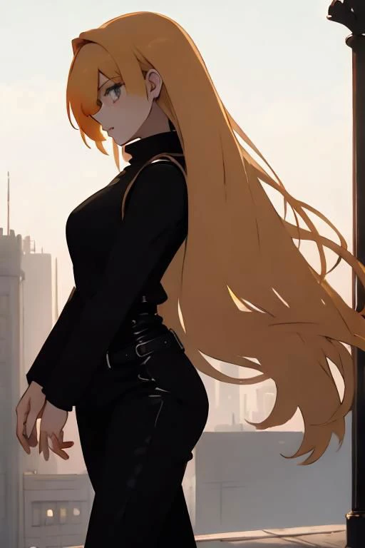 short black overall, white turtleneck, black kneehigh high heeled boots, strawberry blonde, straight long hair, 1girl, solo, walking at market place, from side, sunny day, masterpiece, high quality face, high quality girl,