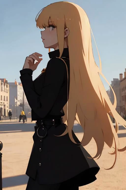 short black overall, white turtleneck, black kneehigh high heeled boots, strawberry blonde, straight long hair, 1girl, solo, walking at market place, from side, sunny day, masterpiece, high quality face, high quality girl,