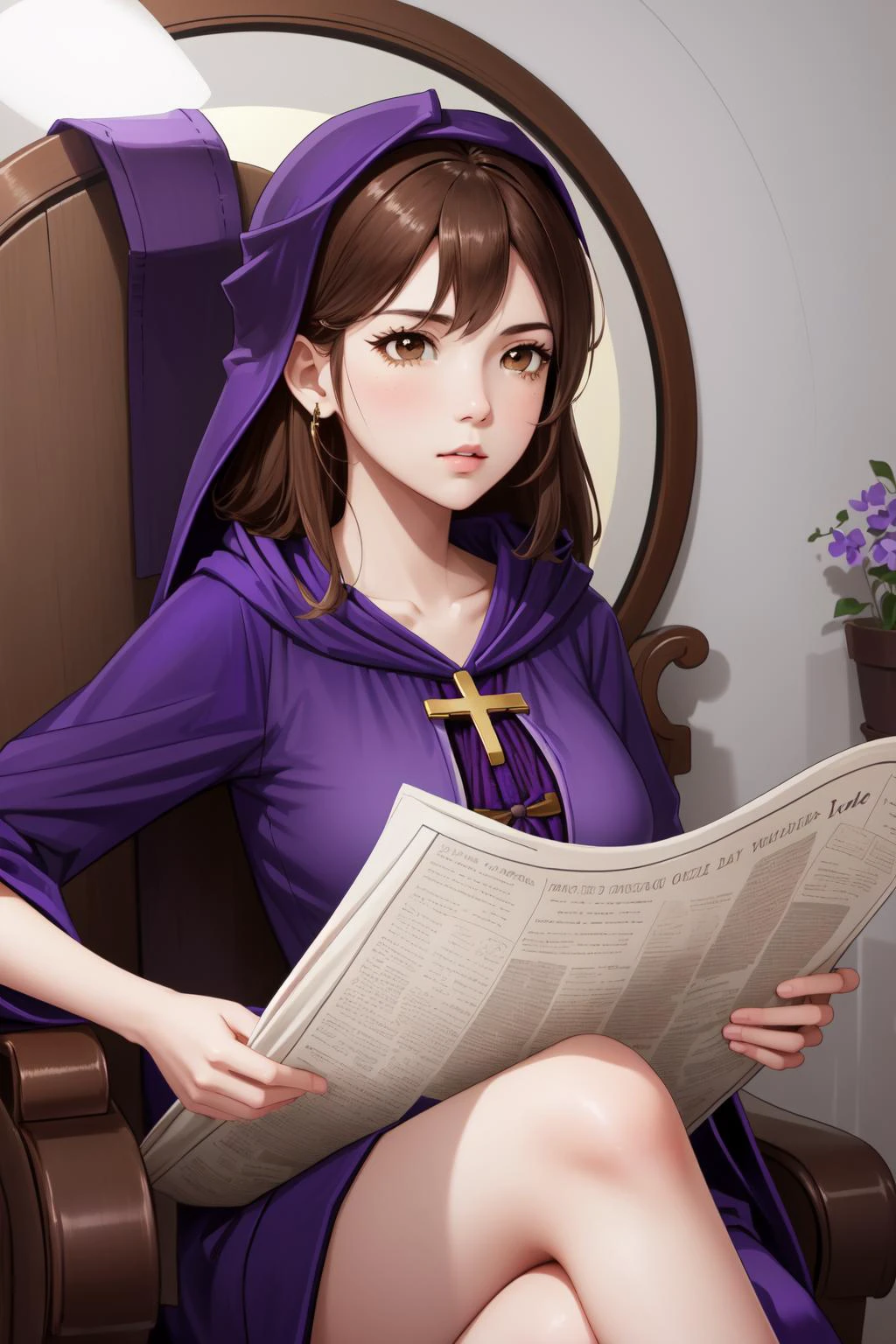 (masterpiece, best quality), intricate details,
1girl, <lora:wiztest:0.8> wiz, ahoge, (brown eyes:1.7), light brown hair, long hair, (large breast:1.2),, cross, dress, hood, hood down, jewelry, latin cross, long dress, long sleeves, (purple dress:1.5), robe, (purple robe:1.5),
<lora:TomReadingTheNewspaper:0.8> TomReadingTheNewspaper, sitting in chair, looking up,