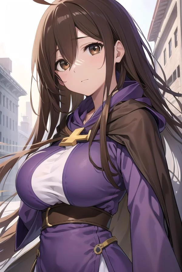 konosubawiz, <lora:wiztest:1>,
wiz, ahoge, (brown eyes:1.7), light brown hair, hair over one eye, long hair, (large breast:1.2),
BREAK cross, dress, hood, hood down, jewelry, latin cross, long dress, long sleeves, (purple dress:1.5), robe, (purple robe:1.5)
BREAK looking at viewer,
BREAK outdoors, city,
BREAK <lora:GoodHands-vanilla:1>, (masterpiece:1.2), best quality, high resolution, unity 8k wallpaper, (illustration:0.8), (beautiful detailed eyes:1.6), extremely detailed face, perfect lighting, extremely detailed CG, (perfect hands, perfect anatomy),