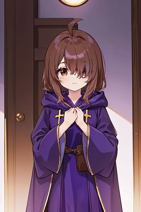 (masterpiece, best quality),  intricate details,
1girl, <lora:wiztest:0.8> wiz, ahoge, (brown eyes:1.7), light brown hair, (hair over one eye:1.5), long hair,cross, dress, hood, hood down, jewelry, latin cross, long dress, long sleeves, (purple dress:1.5), robe, (purple robe:1.5), 
 <lora:squeezerExperimental_:0.8> small breasts,  fantasy village,