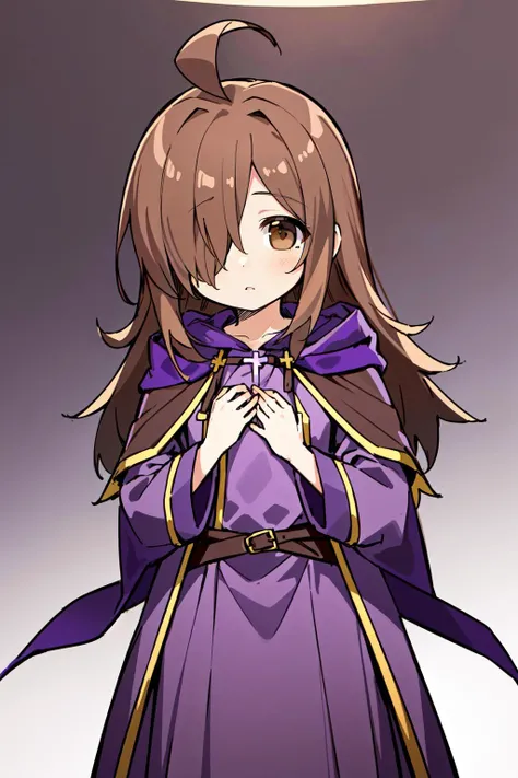 (masterpiece, best quality), intricate details,
1girl, <lora:wiztest:0.8> wiz, ahoge, (brown eyes:1.7), light brown hair, (hair over one eye:1.5), long hair,cross, dress, hood, hood down, jewelry, latin cross, long dress, long sleeves, (purple dress:1.5), robe, (purple robe:1.5),
<lora:squeezerExperimental_:0.8> small breasts, fantasy village,