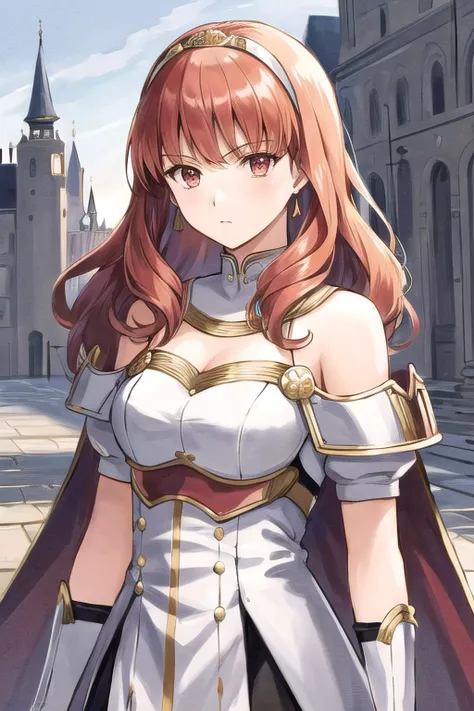 <lora:celica-10:0.8>, celica fe, 1girl, solo, looking at viewer, castle background, serious, upper body, cape, armor, dress, tiara, bare shoulders