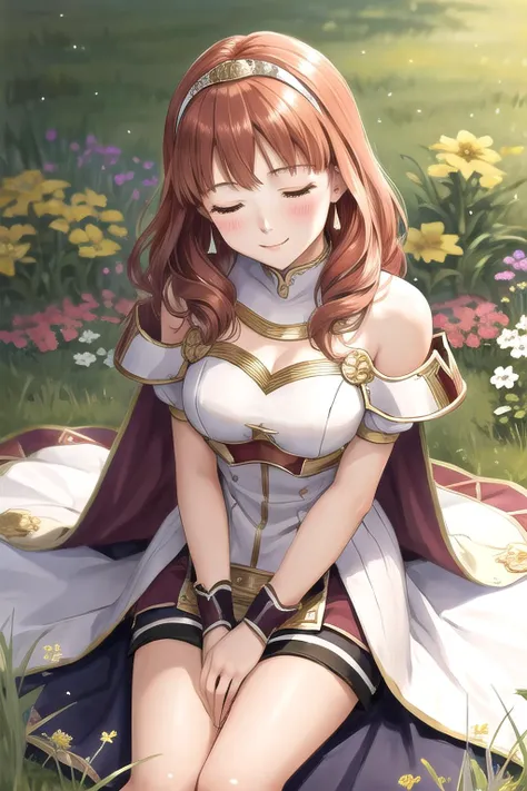 <lora:celica-10:0.8>, celica fe, 1girl, solo, looking at viewer, field background, (flowers), sitting, closed eyes, smile, blush, cape, armor, dress, tiara, bare shoulders, pelvic curtain, from above