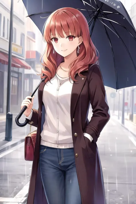<lora:celica-10:0.8>, celica fe, 1girl, solo, looking at viewer, city background, overcoat, jeans, umbrella, holding umbrella, handbag, smile, rain, red eyes, cowboy shot, hand in pocket