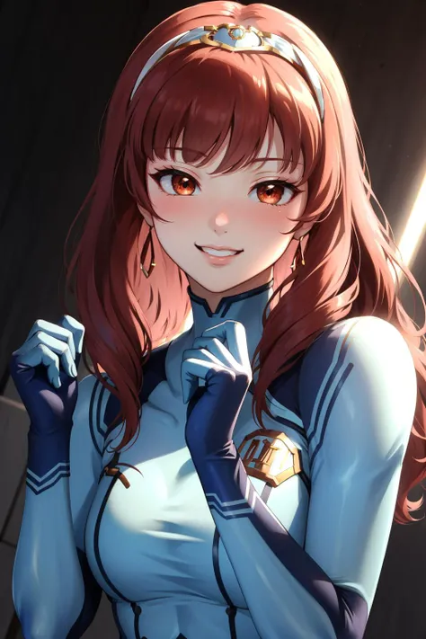 masterpiece, best quality, celica fe, tiara, zero suit, blue gloves, upper body, smiling, looking at viewer, blushing  <lora:celica-fef:0.7> <lora:zerosuit-nvwls-v1-final:1>