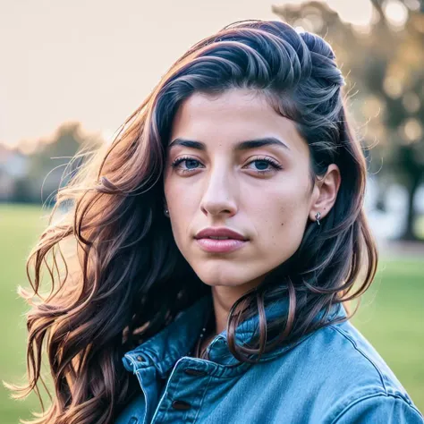 taniaraymonde a woman wearing a sweater, hair blowing in the wind, jeans, outside, park , portrait, (realistic, photo-realistic:1.37), ultra high res, ultra-detailed, incredibly beautiful girl, 8k uhd, dslr, soft lighting, high quality, film grain, Fujifilm XT3