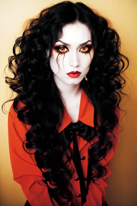 Vkei_Realism, 1girl, solo, long hair, looking at viewer, black hair, bow, hair over one eye, orange eyes, makeup, wavy hair, lipstick, pale skin, portrait<lora:Vkei_Realism:0.75>